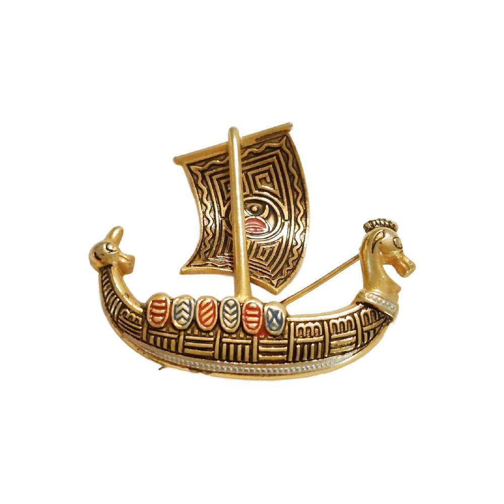 Vintage 1960s Damascene Viking Ship Enamel Gold Tone Brooch Pin - Made In Spain